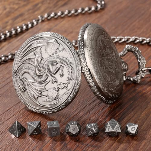 Mini DND Dice Set, Steampunk Winged Dragon Pocket Watch Shell Case, 7-Piece Polyhedral Metal D&D Dice, DND Gift Bag with Dragon Logo, Role Play Board Game Accessories, Dark Silver - color: Dark Silver