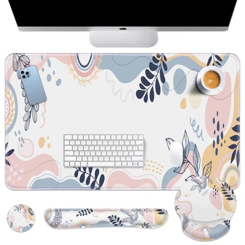 Arttown Keyboard Mouse Pad Set, 4 in 1 Desk Mat Set Tropical Leaves | Spring Pink Blue Large Mousepad+Keyboard Wrist Rest+Mouse Wrist Rest+Coaster Ergonomic Design for Home Office Computer - color: Leaves