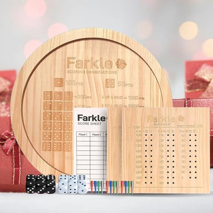Farkle Dice Tray,Farkle Classic Dice Game with Tray The Classic Family Game | 2 Sets of 6 Pearl Dice,2 Sets of 6''Wooden Scoreboard, 12 Scoring Sticks,1 Instruction Manual, 50 PCS Score Sheets