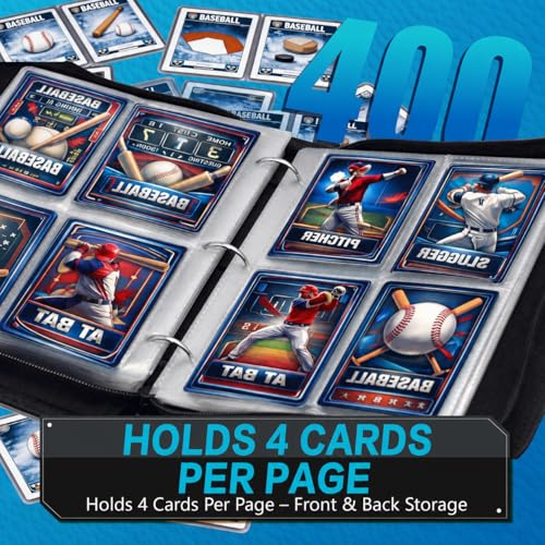 Baseball Card Binder with Sleeves, 4-Pocket Portable Card Protectors Album Holder Book with Zipper, Fits 400 Cards with 50 Removable Sleeves, Baseball Cards Display Storage Carrying Case -GYYS03 - color: Baseball-GYYS03-400 cards