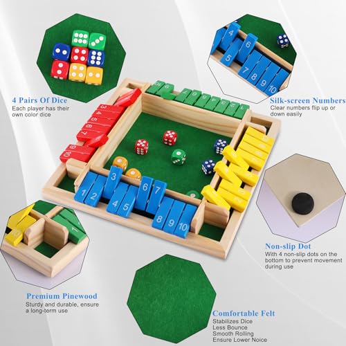 Shut The Box Dice Game, 4-Players Wooden Board Game with 8 Dices, Family Math Games for Kid and Adult,Perfect Tabletop Game for Classroom,Home,Pub, Camping and Party