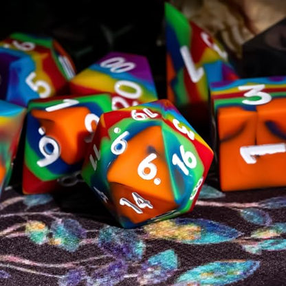 7-Piece Jumbo Silicone DND Dice Set, 25mm Oversized D&D Dice | Round Edges Soft Perfect Bouncer Compatible with Dungeons and Dragons RPG Bar Pub Club Party Games - color: Rainbow W/White Numbers