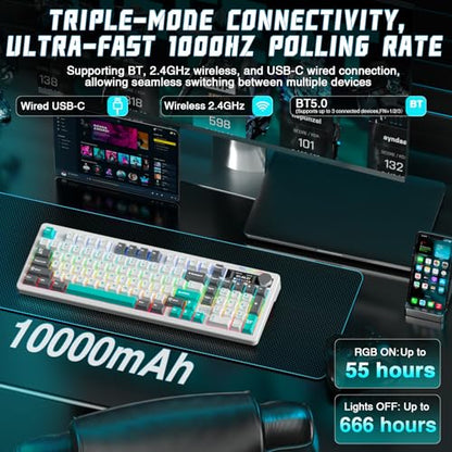 LINGBAO K98 PRO 96% Mechanical Keyboard Wireless, with Screen & Knob, Creamy Gaming Keyboard, Tri-Mode BT5.0/2.4GHz/USB-C, Gasket Mount Hot-Swappable Linear Switches RGB Backlit Gamer Keyboards for PC - color: K98Pro | 10000mAh | White Blue Grey
