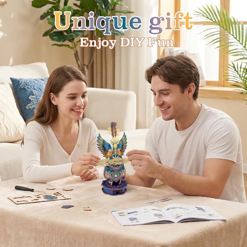 3D Wooden Puzzles for Adults, Mechanical Cello Music Box Kit with Base, DIY Wooden Model Kits to Build, Birthday Valentine's Day Gifts for Women Men, Music Box Puzzle Lover - color: Blue Feather Cello