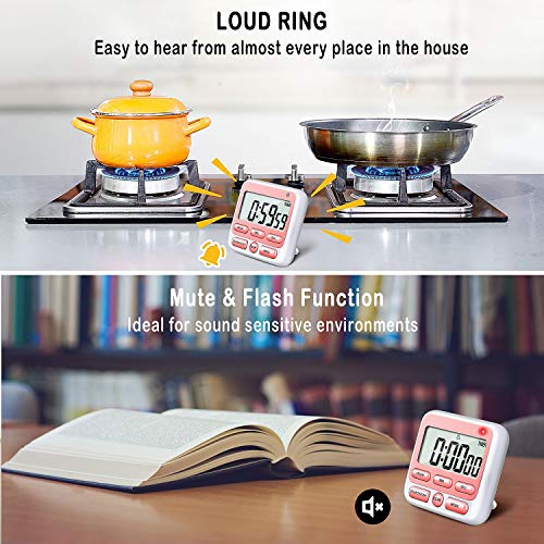 4-in-1 Digital Timer with Count Up/Down, Clock & Alarm, Ring & Silent Modes | Large 2.8-Inch easy-read LCD, On/Off switch, 24-Hour count up/down, Fast-forward function, Magnetic back, stand, hanging hole - color: Pink