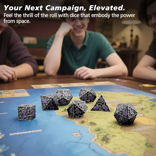 PJOY Metal Dice Set D&D for Dungeons and Dragons Dice with Case Meteorite Iron Purple 7PCS 16mm Role Playing Cool DND Gifts for Players DM Board Game Masters Wizards - color: Iron Purple