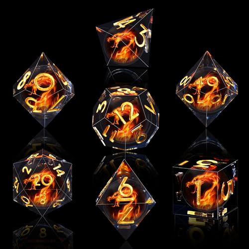 AUSTOR 7 Die DND Dice Set 7 Pieces Red Flame Dragon Resin Dice Role Playing D and D Dice D20 D12 D10 D8 D6 D4 Sharp Edge Dungeons and Dragons Dice with Case - color: Red Flame Dragon