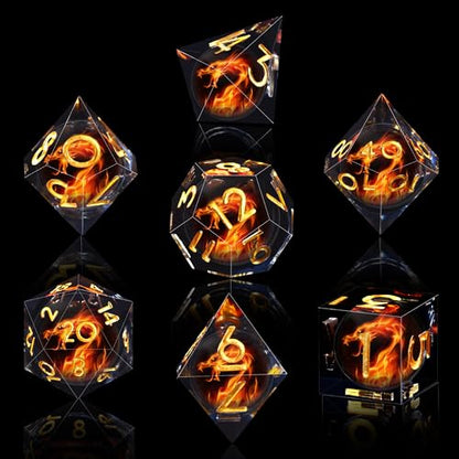 AUSTOR 7 Die DND Dice Set 7 Pieces Red Flame Dragon Resin Dice Role Playing D and D Dice D20 D12 D10 D8 D6 D4 Sharp Edge Dungeons and Dragons Dice with Case - color: Red Flame Dragon