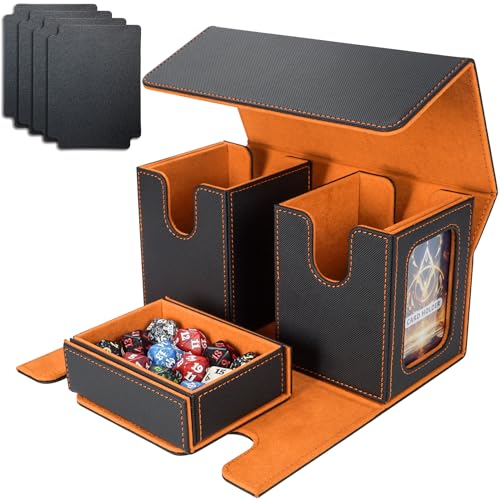 AFIING MTG Commander Deck Box 200 Double Sleeved Cards Storage, 3-in-1 Magnetic Card Case Organizer for Magic: The Gathering TCG CCG, 4 Dividers & 2 Toploaders (Black/Orange) - color: Black Orange
