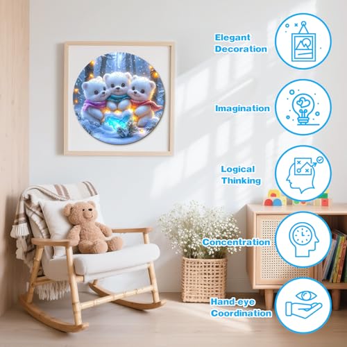 Winter Wooden Puzzles for Kids - Family Bear (11.4 * 11.4 in) | 50 Piece Puzzles for Kids Ages 6-8, Kids Puzzles with Unique Animal Shapes, Round Gift for Girls and Boys - color: Family Bear