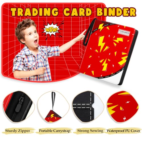 Card Binder for Pokemon Cards, 9 Pocket Trading Card Binder Holds 900 Cards with 50 Removable Sleeves, 3 Ring Zipper Card Holder Album Book Case for TCG, MTG, Sports Cards Collection, Boys Girls - color: Red