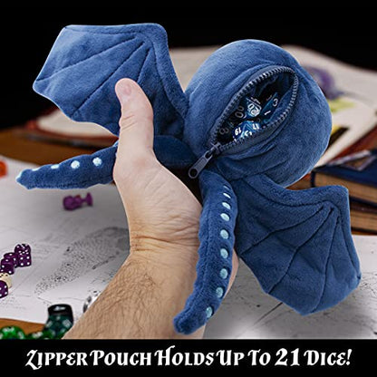 CASEMATIX DnD Dice Holder & Soft Dice Case with 7-Piece RPG Dice Set – 9.5” Sea Monster Plush Dice Storage for 21 Dice, Zippered Dice Container & Tabletop Dice Organizer