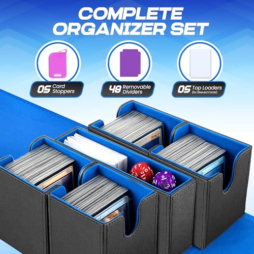 NOVA 5 in 1 MTG Deck Box Commander Case - MTG Deck Box with Secure Magnetic Closure, Dice Tray & Card Dividers - 400+ Double-Sleeved Card Storage, Travel Ready Case [Black and Blue]
