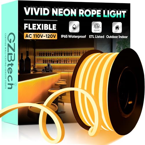 GZBtech Flexible LED Neon Rope Lights 16.4FT,AC 110-120V Waterproof Strip Light, 120LEDs/M Cuttable Connectable Neon Lighting for Indoor Outdoor Home Decor/Commercial Building Use-Amber 5M, ETL Listed - color: Amber, size: 16.4FT