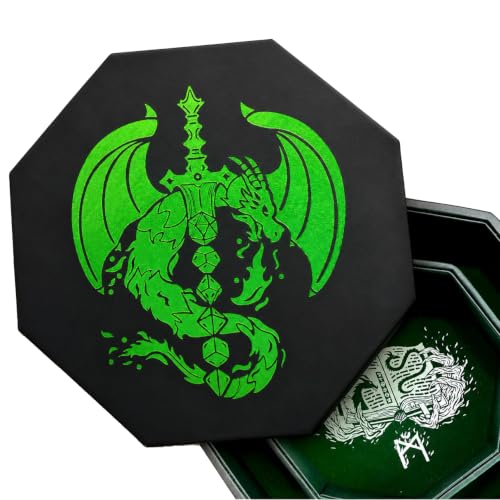 Fantasydice Dragon Dice Tray with Lid, 9 Inch Octagon Dice Rolling Tray for DND and RPG, Vegan Leather Dice Tray with Felt Lining and Dice Staging Area (Green Dragon Sword) - color: Green Dragon Sword
