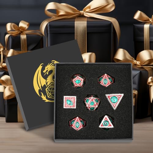 Metal Dice Set, Dragon Eye Theme, 7pcs Polyhedral Metal DND Dice Set, DND Starter Set, D&D Gifts with Gift Box, Role Playing Board Games Accessories, Silver Red Green - color: Silver Red Green With Gift Box