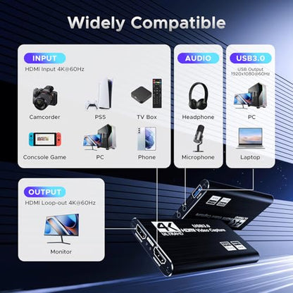 XIIXMASK USB 3.0 Video Capture Card, 1080P 60FPS Capture with HDMI Loop-Out | Capture card for PS5, Switch, PC & cameras. Features zero-delay loop-out for smooth recording & streaming.