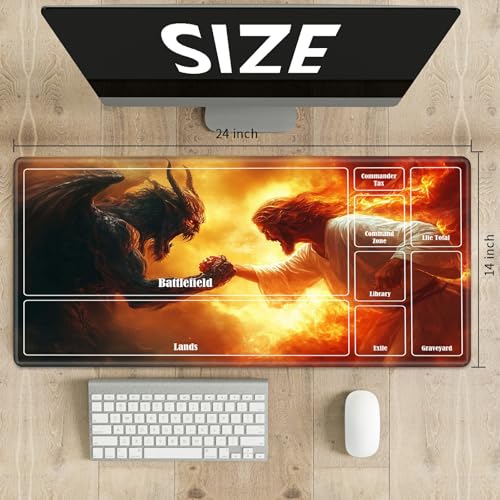 MTG Playmat with Zones, TCG Card Game Play Mat with Stitched Edges, Non-Slip Rubber Base Gaming Desk Mat, Smooth Surface 24 x 14 Inch, Jesus Christ Fight The Devil - color: Jesus Christ Fight the Devil, size: Zone 1