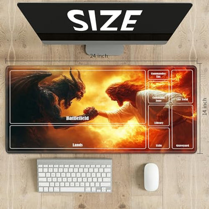 MTG Playmat with Zones, TCG Card Game Play Mat with Stitched Edges, Non-Slip Rubber Base Gaming Desk Mat, Smooth Surface 24 x 14 Inch, Jesus Christ Fight The Devil - color: Jesus Christ Fight the Devil, size: Zone 1
