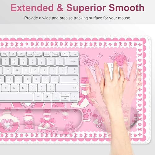 Desk Mat Pad, Gaming Mouse Pad Wrist Support Set, 4 in1 Non-Slip XXL Large Mousepad + Ergonomic Keyboard Wrist Rest+Mouse Wrist Rest+Coaster for Home Office Computer I Pink Kawaii Bow Bottle - color: Pink Kawaii Bow Bottle