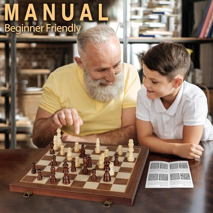 2 in 1 Magnetic Wooden Chess and Checkers Board Game Set, 15" Folding Chess Boards with 2 Extra Queens, Portable Travel Chess Sets with Pieces Storage Slots, Beginner Chess Game Set for Kids, Adults - style: 2 in 1 Magnetic Chess Set