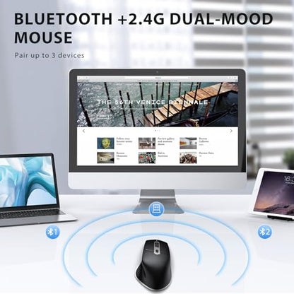 iClever Wireless Mouse, Dual-Mode (BT 5.1&2.4G) Bluetooth Mouse for Laptop | 3-Device Bluetooth & 2.4G Switching, Silent Click, Ergonomic, 5-Level DPI, USB-C Rechargeable for MacBook, Laptop, PC, Tablet - color: Black-Silver