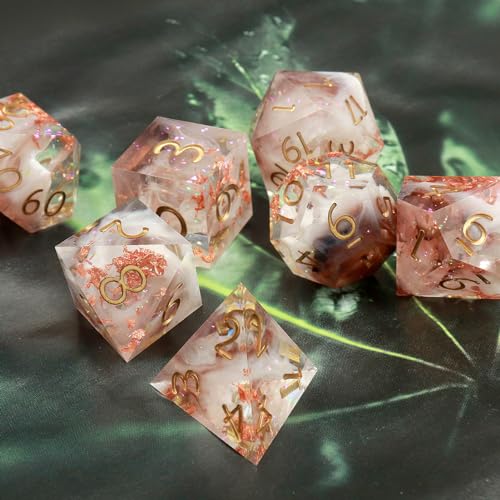 Haxtec Sharp Edge Dice Set Resin DND Dice Set Glitter Clear Polyhedral D&D Dice Compatible with Dungeons and Dragons Star Dust - color: Rosegold White