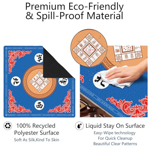 Mahjong Mat for Table with Carrying Bag & 3 Dice, Blue 31.5"x31.5" Square Rubber Mahjong Table Cover, Non-Slip & Noise Reduction Gaming Mat for Mah Jongg, Poker, Dominoes & Tile Games - color: Bright Blue