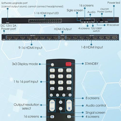 HDMI Quad MultiViewer 16x1, Seamless Switcher 16 in 1 Out with IR Remote Control, Support 1080p and 8 Viewing Modes - size: 16x1 HDMI Multiviewer Switch