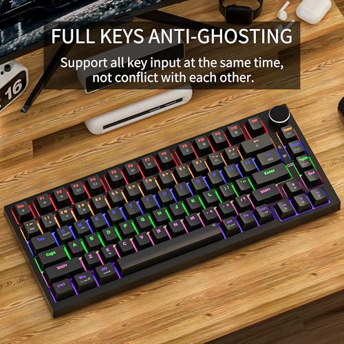 Newmen GM326 75% Percent Mechanical Keyboard,Wired Mini Backlit Hot Swappable Gaming Mechanical Keyboard with Knob,82 Keys Anti-Ghosting Compact Black Gaming Keyboards for PC Win Mac,Red Switch - color: Black