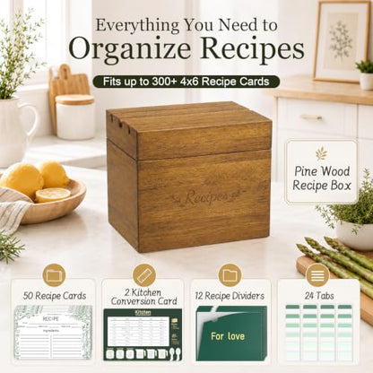 Wooden Recipe Box Set with 50 Cards and 12 Dividers, Solid Pine | Holds 300+ 3x5 and 4x6 recipe cards; 2 removable wood dividers organize recipes for cooking, family keepsakes and gifting - color: Walnut Brown