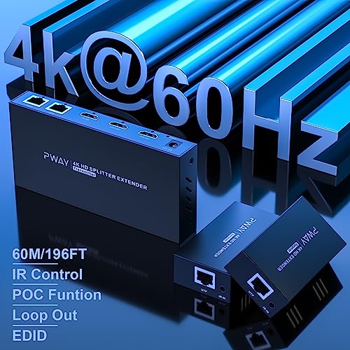 4K @60Hz HDMI Extender Splitter 1x2 Video by CAT5 CAT6 CAT7 Ethernet Cable | Extend 196ft, with IR, Support HDR10-Loop Out-Poc, Work with large UHD TVs, for Church, Classroom, Sports Events - size: 1x2 4K60Hz 196ft