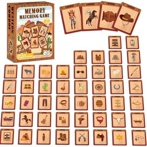 gisgfim 100 PCS Memory Matching Game Cowboy Concentration Memory Card Games for Kids Educational A Fun & Fast Western Party Favor Wild West Theme Matching Games - style: Western Cowboy