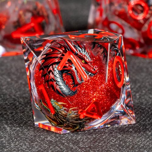 KERWELLSI Liquid Core Dragons Pattern Dice, Resin DND Dice Set with Gift Box, Red Sharp Edged Dungeons D&D Dice, Role Playing Game Dice D20 D12 D10 D8 D6 D4 - color: Red