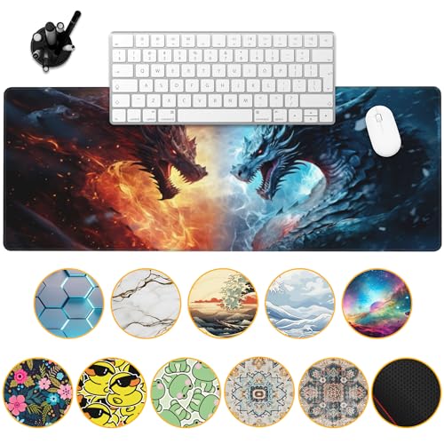 Desk Pad,Japanesev Anime Fire Ice Dragons Mouse Pad,31.5"X15.7" Extended Gaming Mouse Pad Mat with Stitched Edge Non-Slip Base Big Desk Mat for Office Keyboard Laptop - color: Fire Vs Ice Dragons Ready Battle