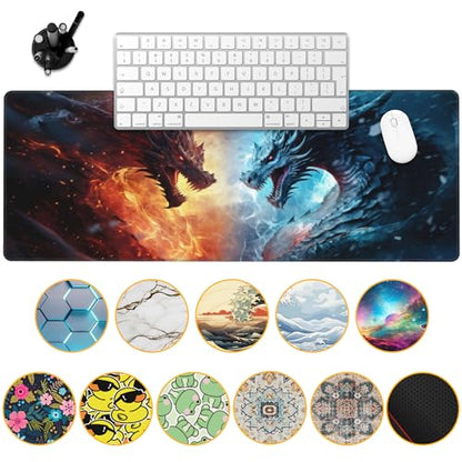 Desk Pad,Japanesev Anime Fire Ice Dragons Mouse Pad,31.5"X15.7" Extended Gaming Mouse Pad Mat with Stitched Edge Non-Slip Base Big Desk Mat for Office Keyboard Laptop - color: Fire Vs Ice Dragons Ready Battle
