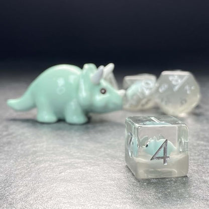 Sage's Portal Familiars Dice and Toy Set Combo Resin DND Dice Set Polyhedral Dice Set for Dungeons and Dragons RPG Pathfinder Tabletop TTRPG (Teal Triceratops+ Figurine) - color: Teal Triceratops, style: Dice Set +Mini Figure