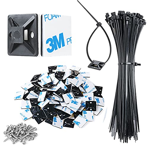 XHF 3/4" Strong Back-Glue Self Adhesive Black Cable Zip Tie Mounts 100pcs with 8" Zip Ties, Screws, UV Protection Outdoor Sticky Wire Fasteners Cable Clips Management Anchors Organizer Holders Squares - color: Black, size: 100 Piece