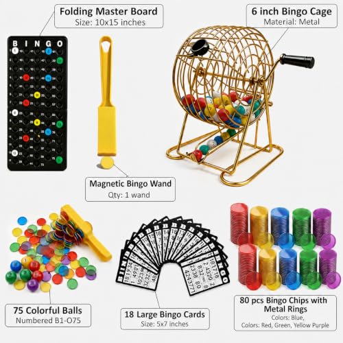 Deluxe Bingo Set with 6-Inch Durable Gold Steel Cage, Magnetic Bingo Wand, 80 Metal-Rimmed Bingo Chips, 75 Calling Balls, 18 Large Cards & Master Board – Premium Bingo Set for Family Nights, Parties