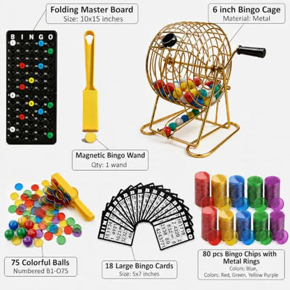 Deluxe Bingo Set with 6-Inch Durable Gold Steel Cage, Magnetic Bingo Wand, 80 Metal-Rimmed Bingo Chips, 75 Calling Balls, 18 Large Cards & Master Board – Premium Bingo Set for Family Nights, Parties