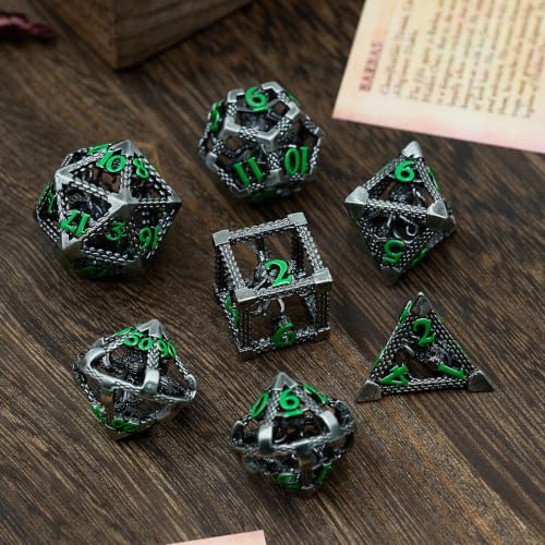 Hollow Cthulhu Metal Dice Set,7-Piece RPG Dice, Green Number | Lightweight Copper Dice,Easy-To-Read Numbers, a Gift Box and Velvet Bag for RPG Play, Gifting and Collecting. - color: Cthulhu Green Number