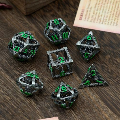 Hollow Cthulhu Metal Dice Set,7-Piece RPG Dice, Green Number | Lightweight Copper Dice,Easy-To-Read Numbers, a Gift Box and Velvet Bag for RPG Play, Gifting and Collecting. - color: Cthulhu Green Number