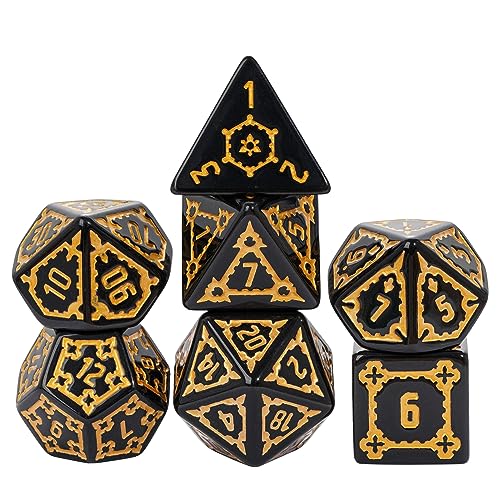 cusdie 7 Pcs 25mm Giant DND Dice with Dragon Eye Dice Bag, Polyhedral Dice Set, D&D Dice for Pathfinder RPG(Black) - color: Black Gold