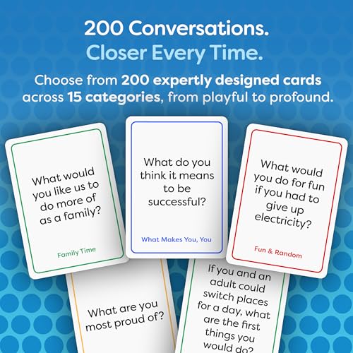 200 Family Conversation Cards for Kids, Teens & Adults - Question Card Game | Fun screen-free connection; dinner, road trip & gifts. Expert-created pack; 4 categories light to deep; Talking Point Cards