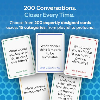 200 Family Conversation Cards for Kids, Teens & Adults - Question Card Game | Fun screen-free connection; dinner, road trip & gifts. Expert-created pack; 4 categories light to deep; Talking Point Cards