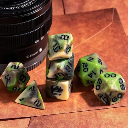 7PCS DND Dice Set RPG Resin Polyhedral Dice Set Camouflage Color with Leather Pouch for D&D Role Playing Games and Other Tabletop Games (Green) - color: Camo-green
