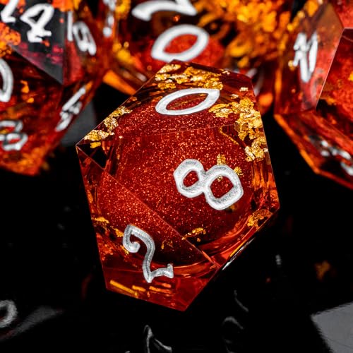 ARUOHHA Liquid Core DND Dice Set, 7pcs Resin Sharp Edged Dragons Dice Role Playing Games, RPG Silver Numbers Red Dungeons Polyhedral Dice with Gift Box D20 D12 D10 D8 D6 D4 - color: Silver Red