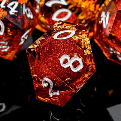 ARUOHHA Liquid Core DND Dice Set, 7pcs Resin Sharp Edged Dragons Dice Role Playing Games, RPG Silver Numbers Red Dungeons Polyhedral Dice with Gift Box D20 D12 D10 D8 D6 D4 - color: Silver Red