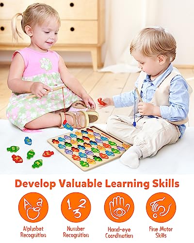 Coogam Magnetic Alphabet Numbers Fishing Game, Wooden ABC Letter Numbers Color Matching Puzzle Fine Motor Montessori Educational Toy for Preschool 3 4 5 Year Old Toddlers
