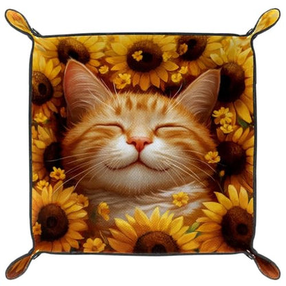 Dice Trays Sunflowers Sleeping Cat Holder Storage Box for Dice Games Like RPG DND, Leather Dice Holder Portable Folding Rolling Dice Tray, 16x16cm - color: Multi 2